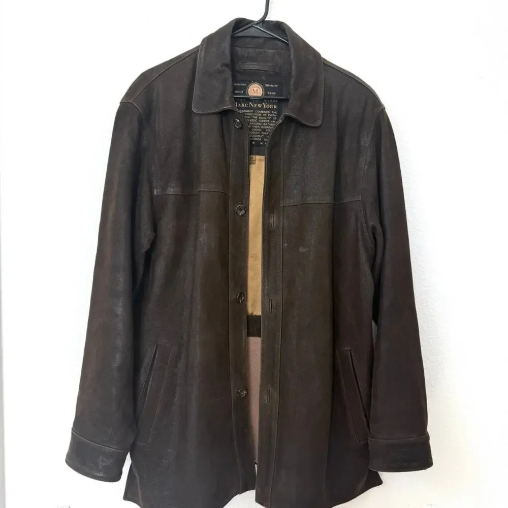 Marc‎ New York Button Front Leather Coat Brown M Classic Vintage Menswear